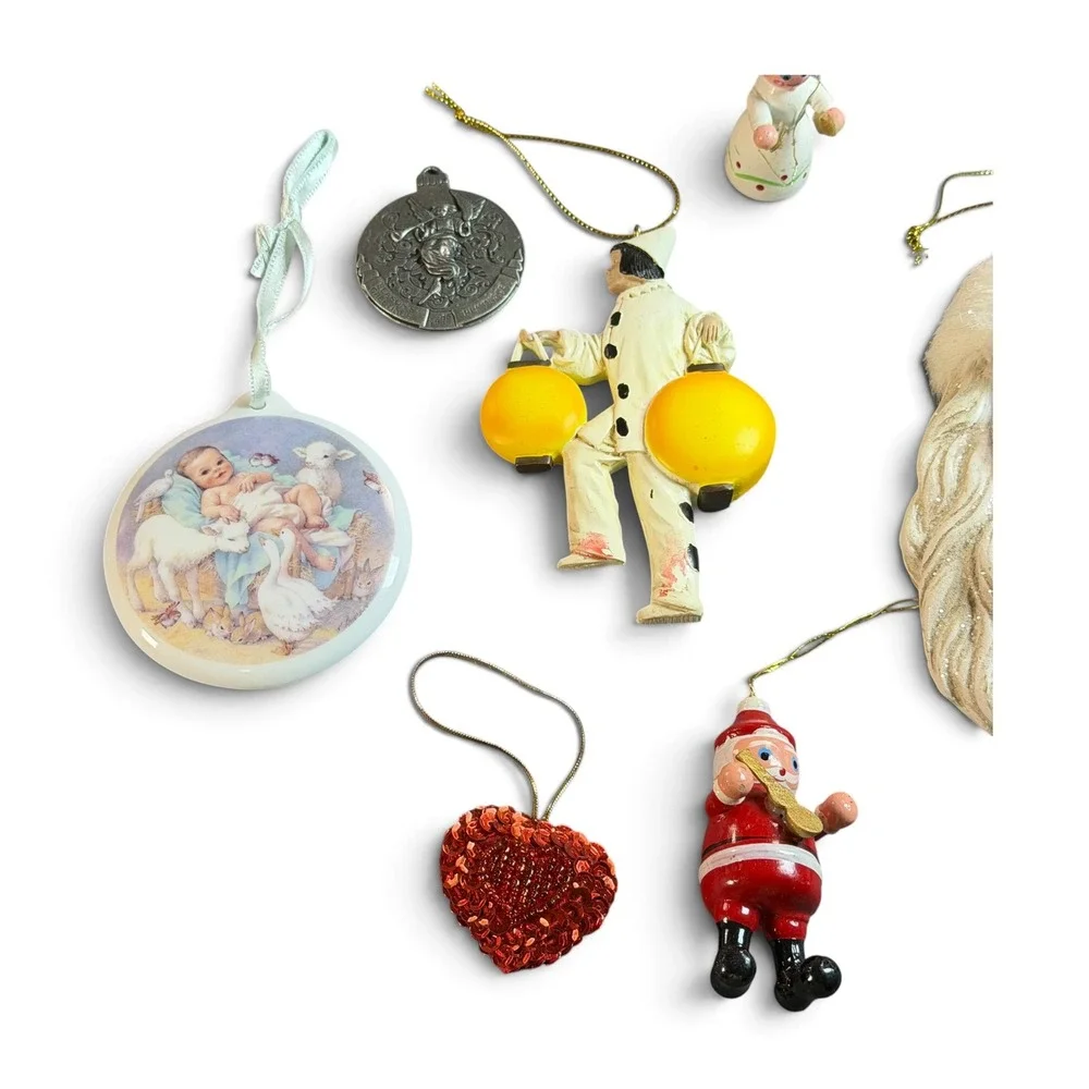 Vintage Christmas Ornament Lot Santa Claus Reindeer Clown Angel Kitsch 11 pieces